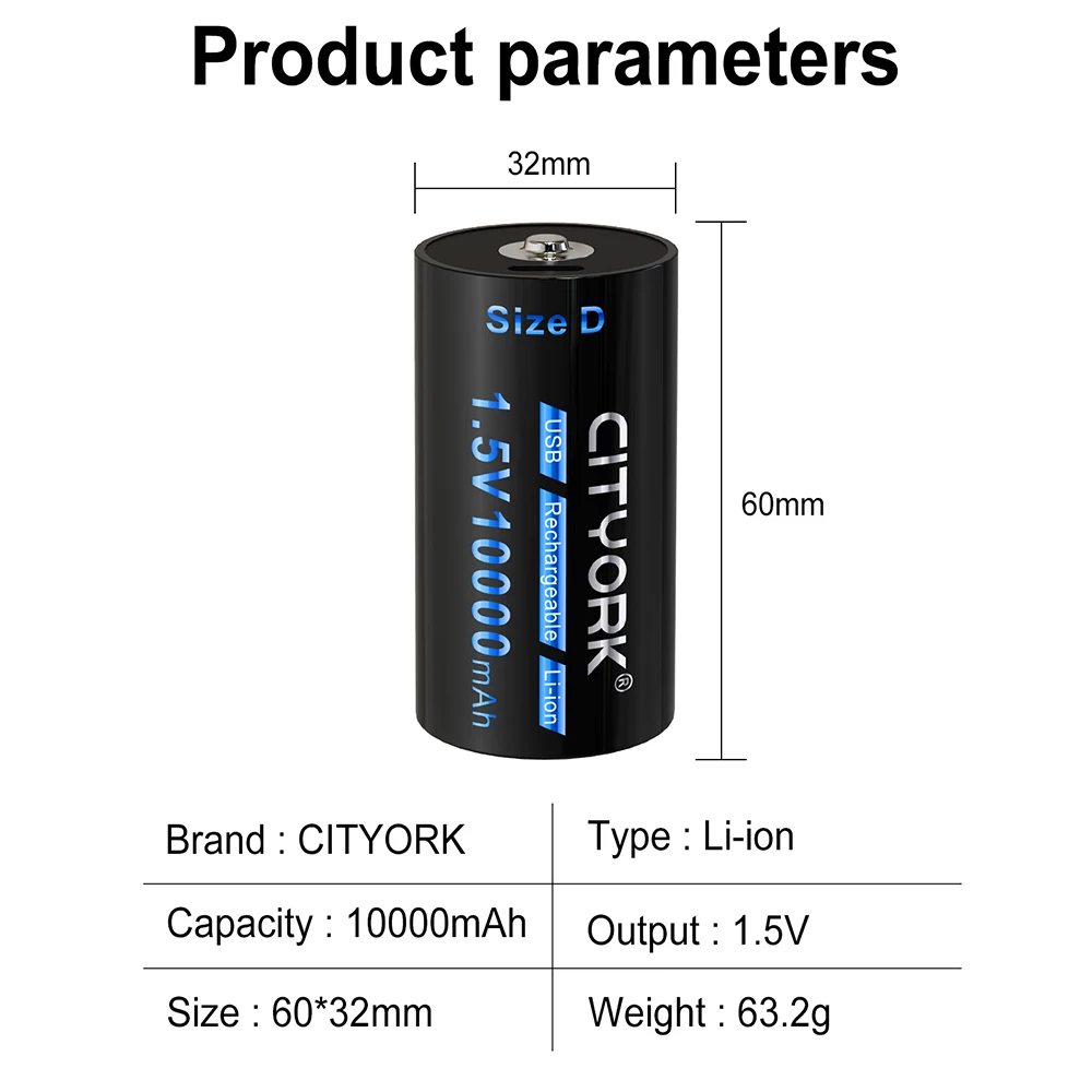 CITYORK 4 Pack Constant 1.5V Rechargeable D Batteries USB 15000 mWh D Cell  Li-ion Batteries 