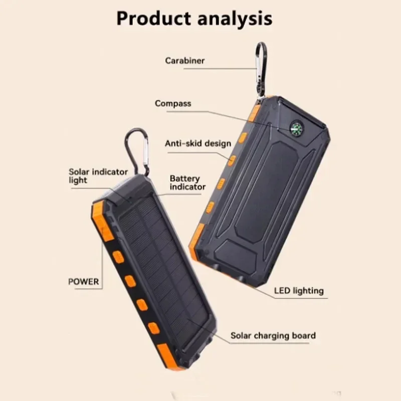 태양열 보조배터리 휴대용 야외 충전기, 보조배터리 나침반 방수 외장 배터리, 듀얼 USB 충전, LED 조명 포함, 200Ah