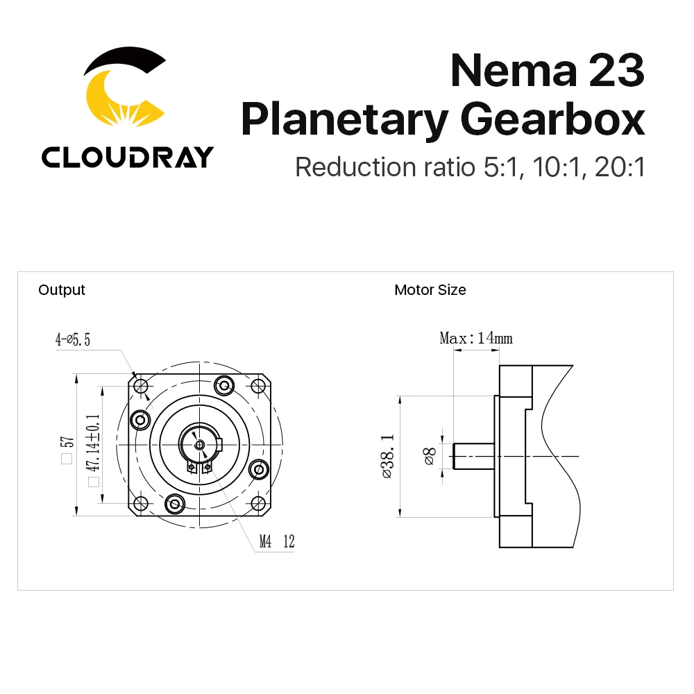 Nema 23 Planetary Gearbox Motor Speed Reducer with Ratio 5:1 10:1 20:1 8mm Input for Nema23 Stepper Motor for planetary reducer
