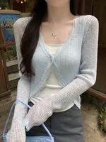 Lace Trim One Button Long Sleeve Crop Top Women Short Sleeve Open Front Ribbed Knit Cardigan Sweater Summer Fairycore Outfit - Image 4