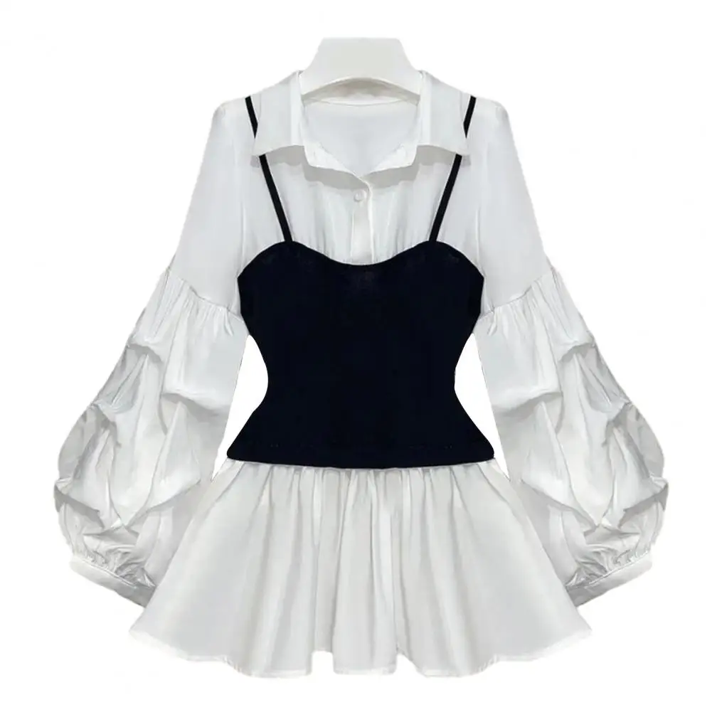 

Women Pleated Shirt Stylish Women's Fall Winter Shirt Pleated A-line Design Color Matching Patchwork Bubble Sleeve Lapel Lady