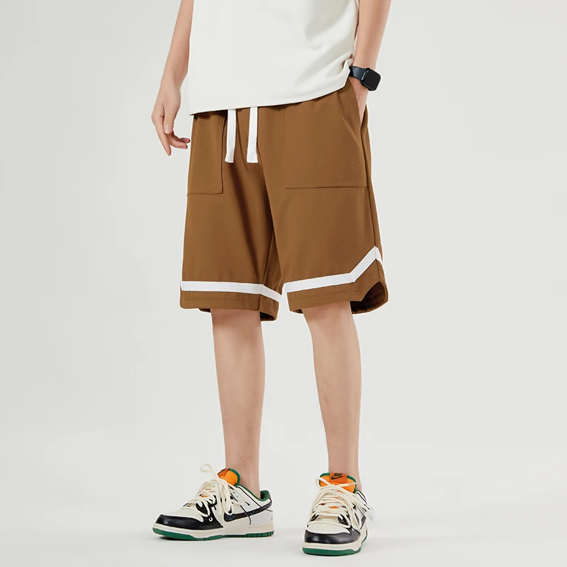 Sports Youthful Vitality Casual Shorts Men's Clothing Solid Color Stylish Spliced Summer Straight Basic Drawstring Knee Pants
