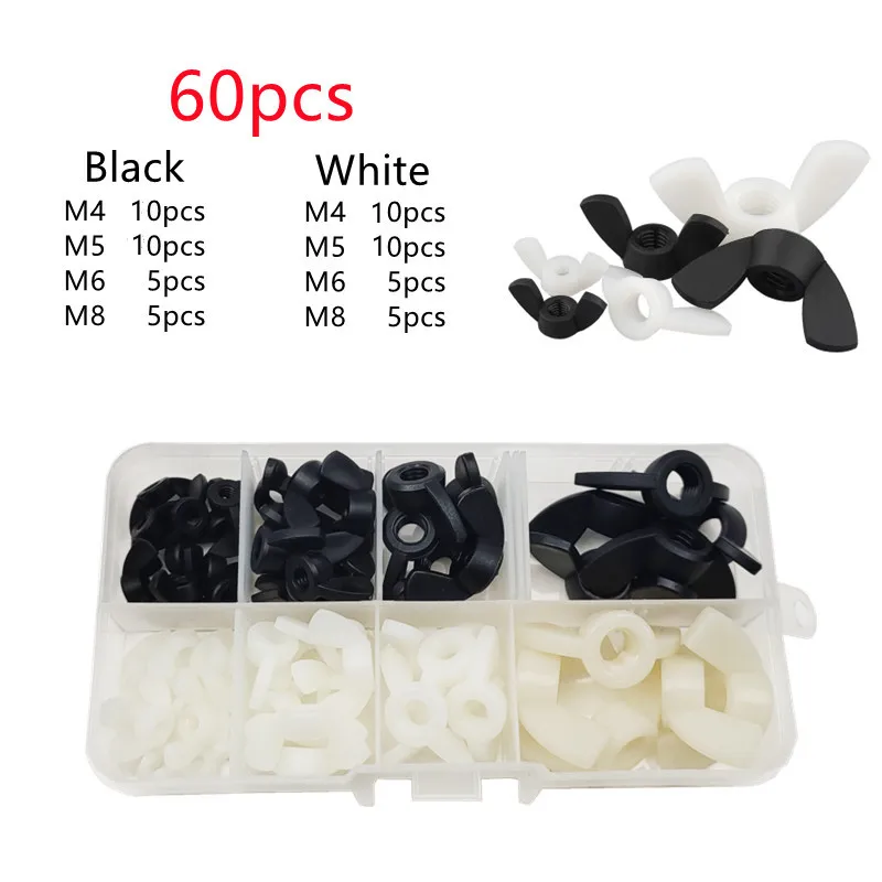 

60pcs/lot Black White M4 M5 M6 M8 Nylon Wing Nut Butterfly Nut Ingot Plastic Wing Nuts Assortment Kit