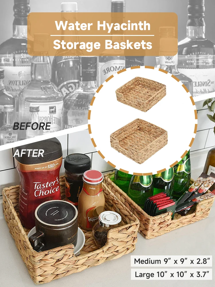 Bathroom Hand Woven Rattan Tray Wicker Baskets for Toilet Tank Tray Wicker for Kitchen Home Office Water Hyacinth Storage