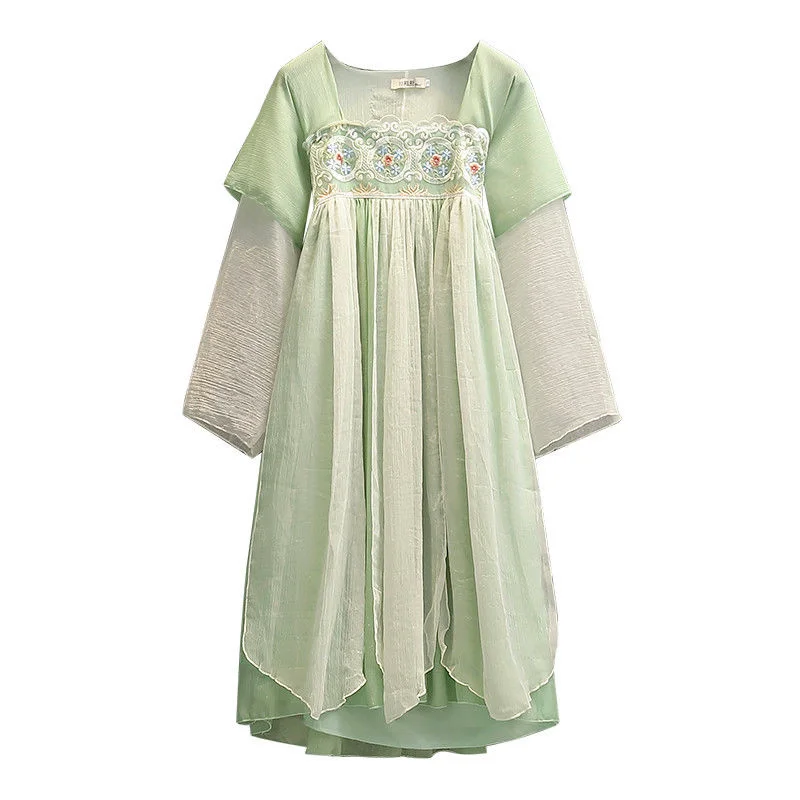 2023 Spring New Fashion Chinese Style Traditional Embroidery Long Sleeve Dresses Green Modern Hanfu Chiffon Dress M-4XL