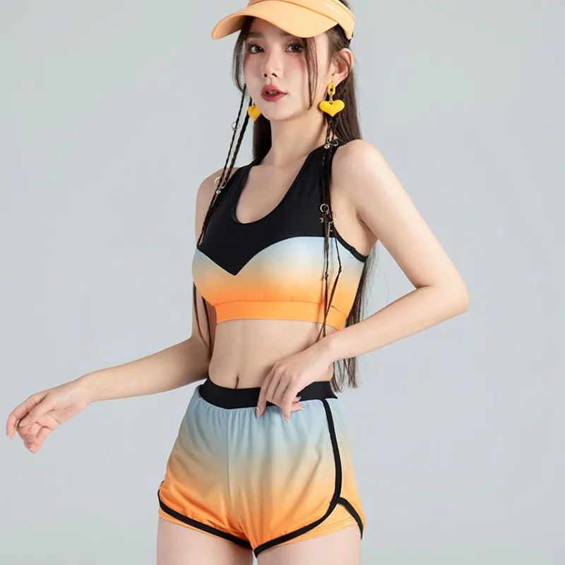 Long Sleeve Rash Guard Women Colorblock Two Piece Swimsuit Crop Top Swimwear High Neck Bathing Suits Zipper Surfing Suits Shorts