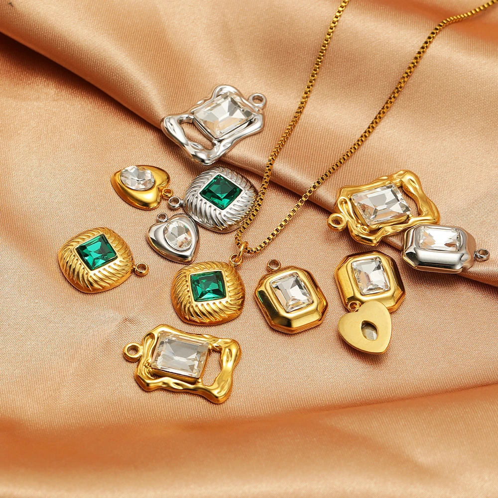 5pcs No Fade Stainless Steel Rhinestone Cuboid Charms Square