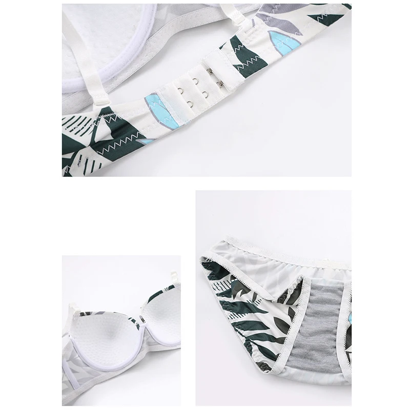 Women Bras Panties Sets Underwire Push Up Print Leaves Female Lingerie Underwear Ladies Bralette Briefs Suit Woman BANNIROU