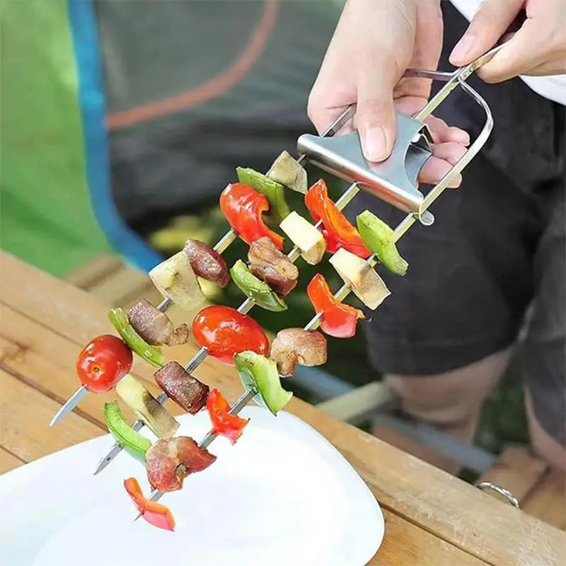 

New 3 Way Grill Skewers Shrimp Skewers For Grilling Stainless Steel Grilling Sticks With Push Bar 3-Prong Skewer BBQ Stick Kebab