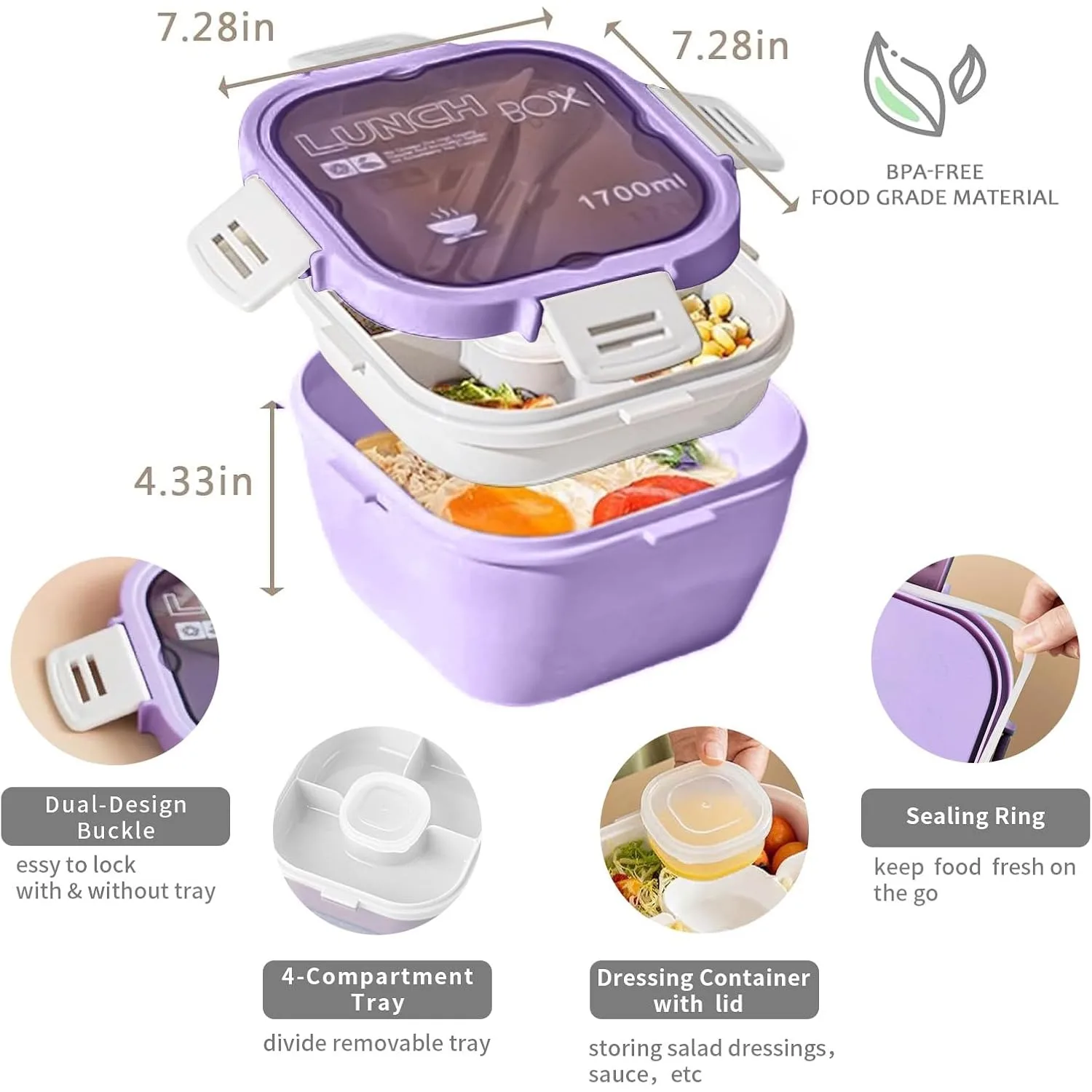 Salad Lunch Containers for Adults with Portable Bag,60oz/1.7L Large Plastic Salad Bowls, 4-Compartment Tray & a Sauce Cup