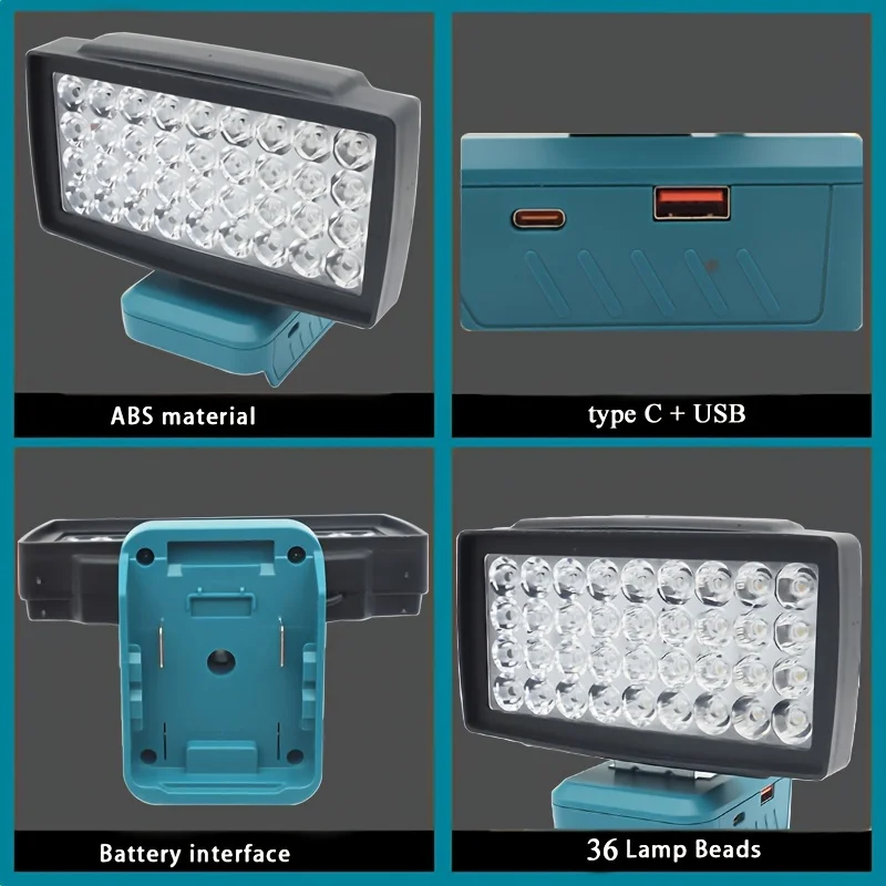 Portable LED Work Light For Makita 18V Battery 20W 3500LM USB Type C Charging Low Voltage Protection