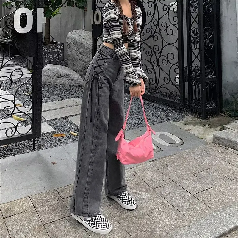 

Y2K Jeans Chic Side Lace Up Women pants High Waist korean Fashion Wide Leg Denim Pants Female Harajuku Streetwear Straight Trous