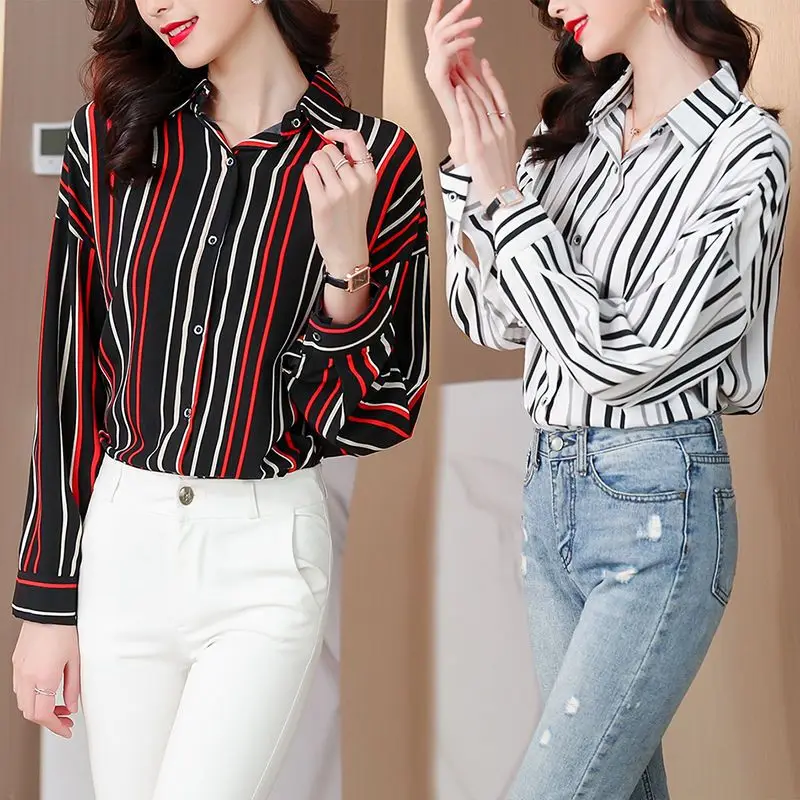 

Stylish Vintage Striped Contrasting Colors Shirt Spring Autumn Long Sleeve Casual Polo-Neck Women's Basic Single-breasted Blouse