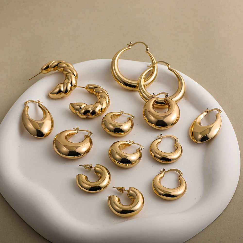 Punk 18K Gold Plated Stainless Steel C Shape Croissant Chunky Hoop Earrings for Women Twisted Polished Circle Huggie Ear Jewelry