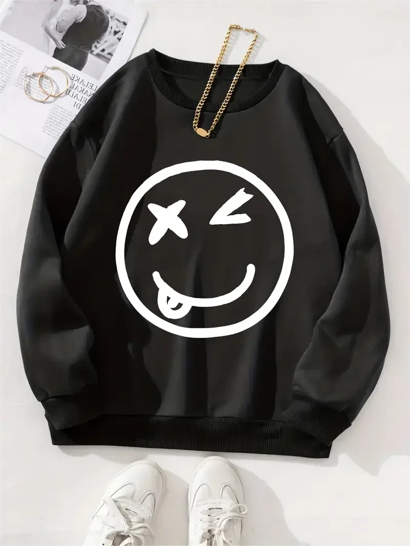 Smiling Face Print Casual Long Sleeve Round Neck Sweatshirt, Fashion Sports Pullover Sweatshirt, Winter Clothes Women
