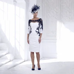 Classic Holy White Mother of the Bride Dresses Boat Neckline   Knee Length Wedding Guest Dress 3/4 Sleeves Applique