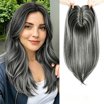 Topper per capelli sintetici con clip da 18 pollici con frangia per donna, estremità leggermente arricciate, pezzi di fibra sintetica per donna