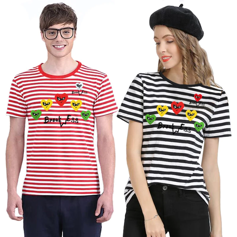 

Break Egg Men Women T-shirt Striped Short-sleeved Cotton Heart Glasses Embroidery Colorful Multiple Heart Print O-neck T-shirt
