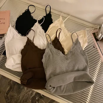 2026 Summer Slim Elegant Camis Women Camisole Tank Tops Sexy Sleeveless Corset Top with Chest Pad Sweet Lace Patchwork Crop Tops 1