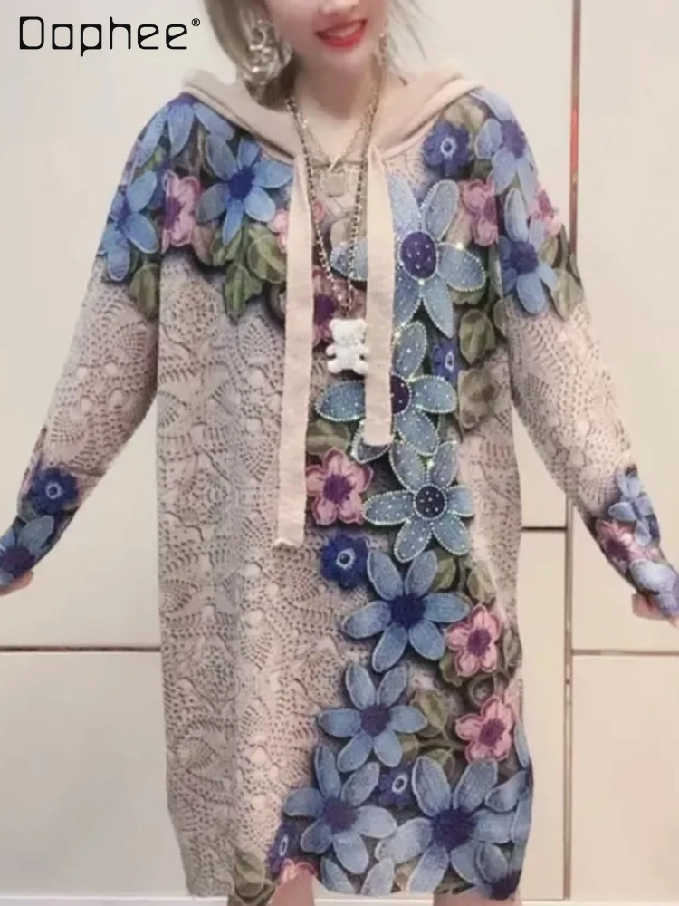 

Hooded-Autumn Long-Sleeved Dress All-Matching Printed Rhinestone Fashion Women's Wear