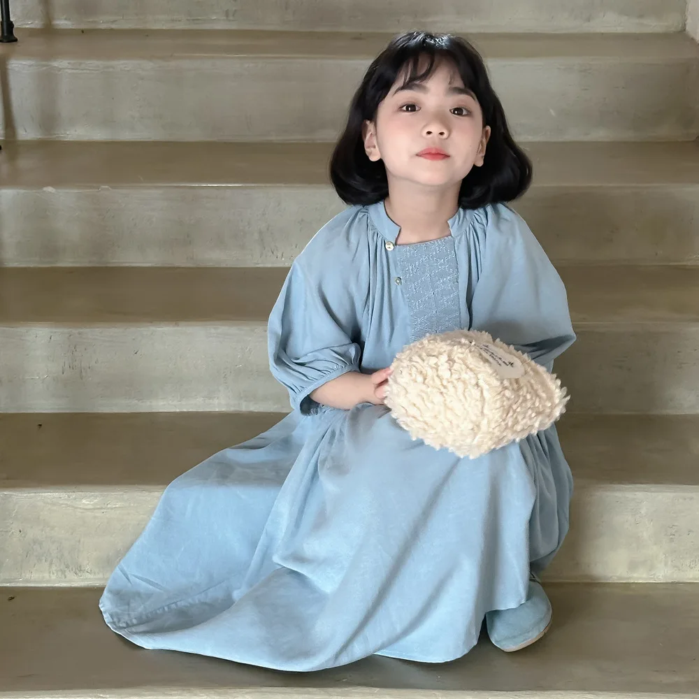

Children Clothing Girls Dress 2024 Summer Baby Girls Korean Style Solid Color Puffy Sleeve Dress Loose Mid-length Princess Dress