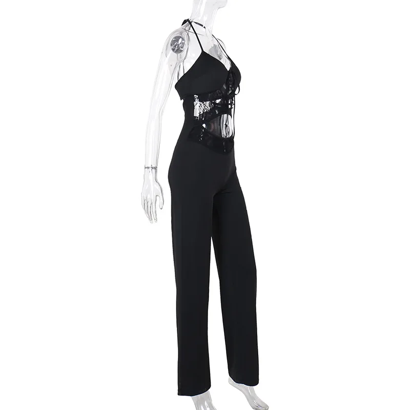 BKLD Spring 2024 Y2k Clothes Lace Patchwork Black Jumpsuit Sexy Sleeveless Hollow Out Open Back Slim Fit Jumpsuit For Women