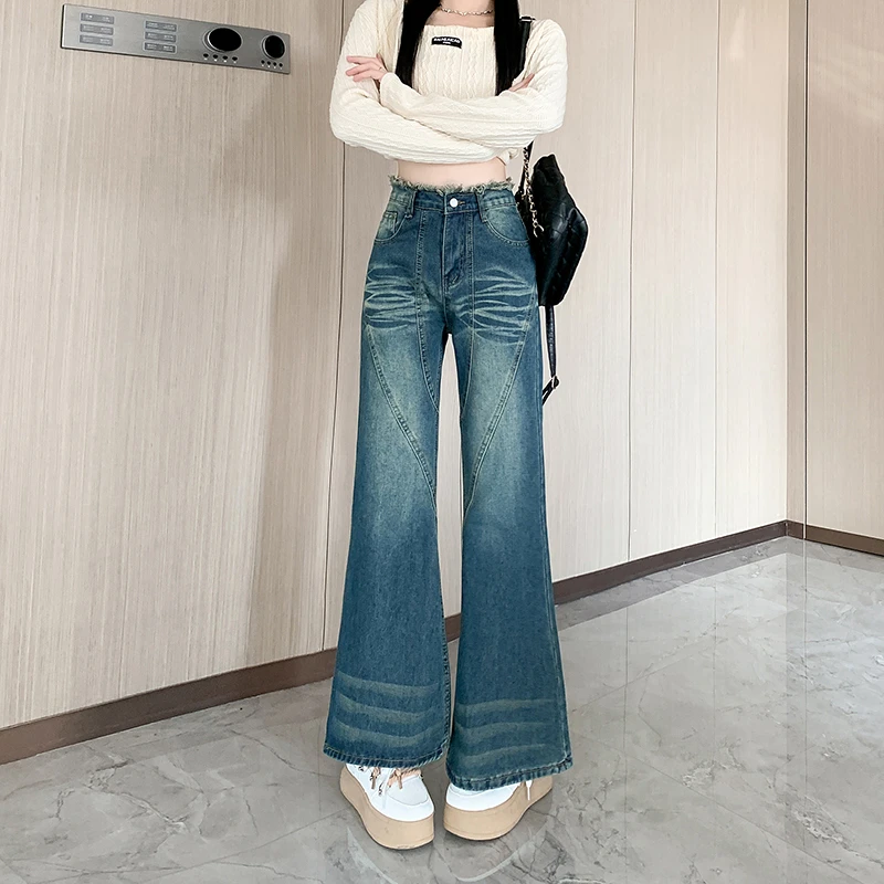 

2023 Korean Y2K Fashion Washed Blue Baggy Flare Jeans Pants For Women Clothes Straight Casual Lady Denim Trousers Pantalon Femme