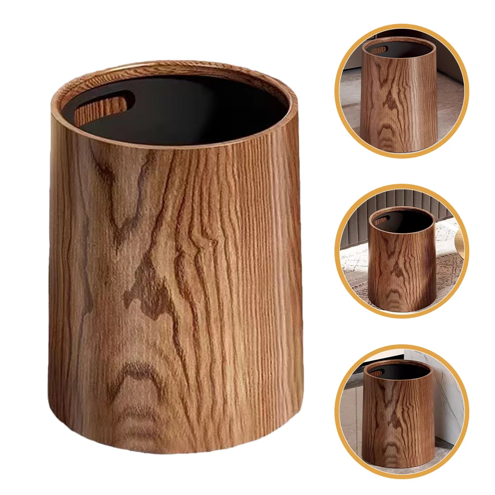 

Imitation Wood Grain Trash Can Wastebaskets Bins Garbage Home Rubbish with Cover Household Simple Office Bucket Pp