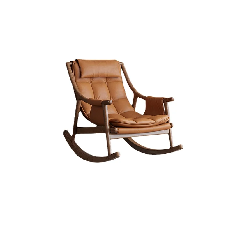 

ZL Solid Wood Leather Rocking Chair Single Recliner Sofa Leisure Chair