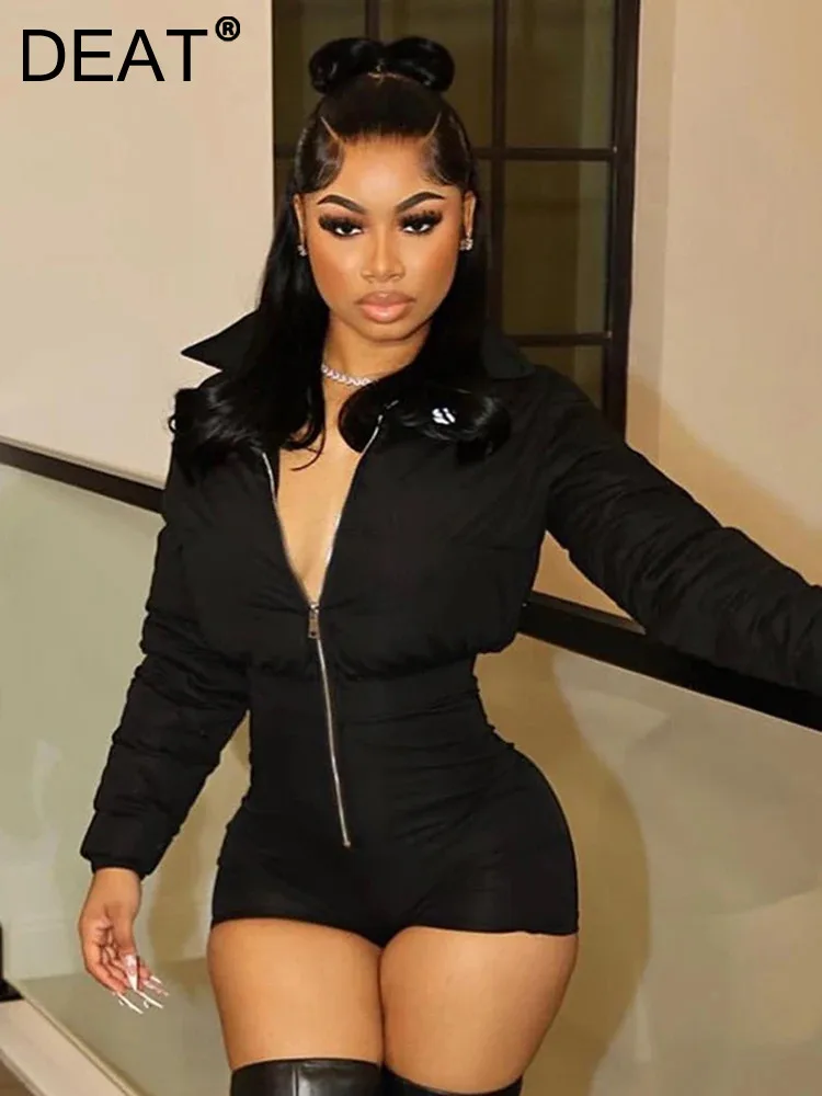 

DEAT Fashion Women's Cotton-padded Rompers Lapel Slim Zipper Solid Color Thick Elastic Playsuits Winter 2024 New Tide 7AB2761