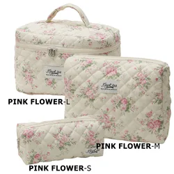 Chic Quilted Cotton Cosmetic Organizer - Portable Zipper Handbag - L (Pink Flower)