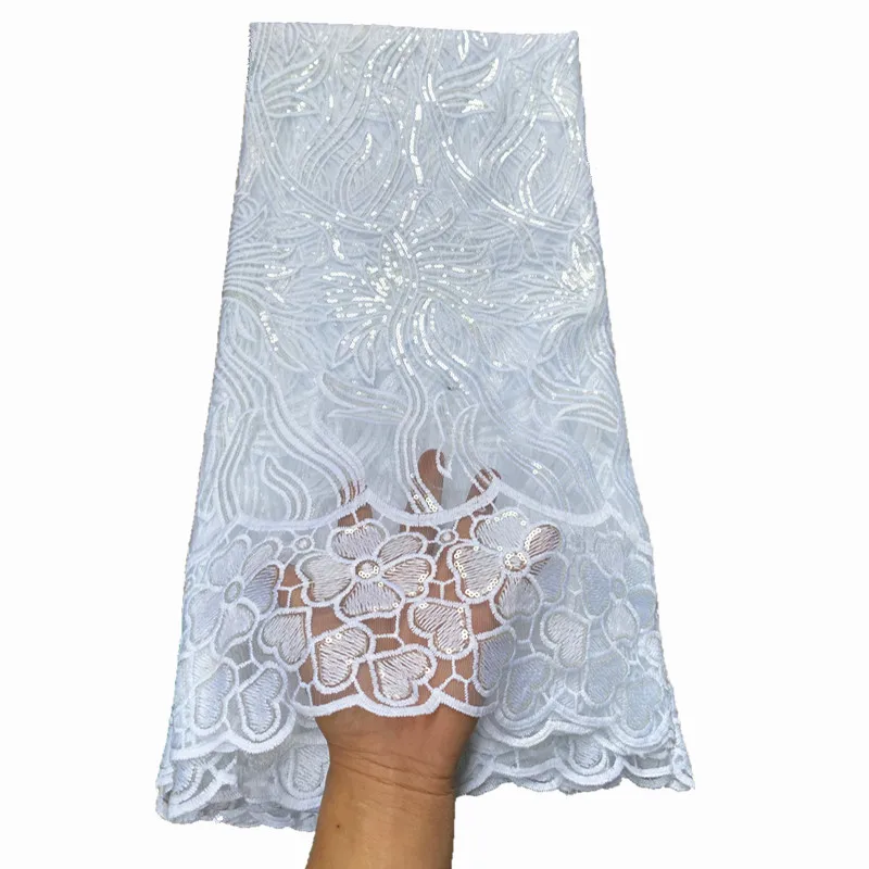 

White French Lace Fabric for Wedding, High Quality African Lace with Sequins,
