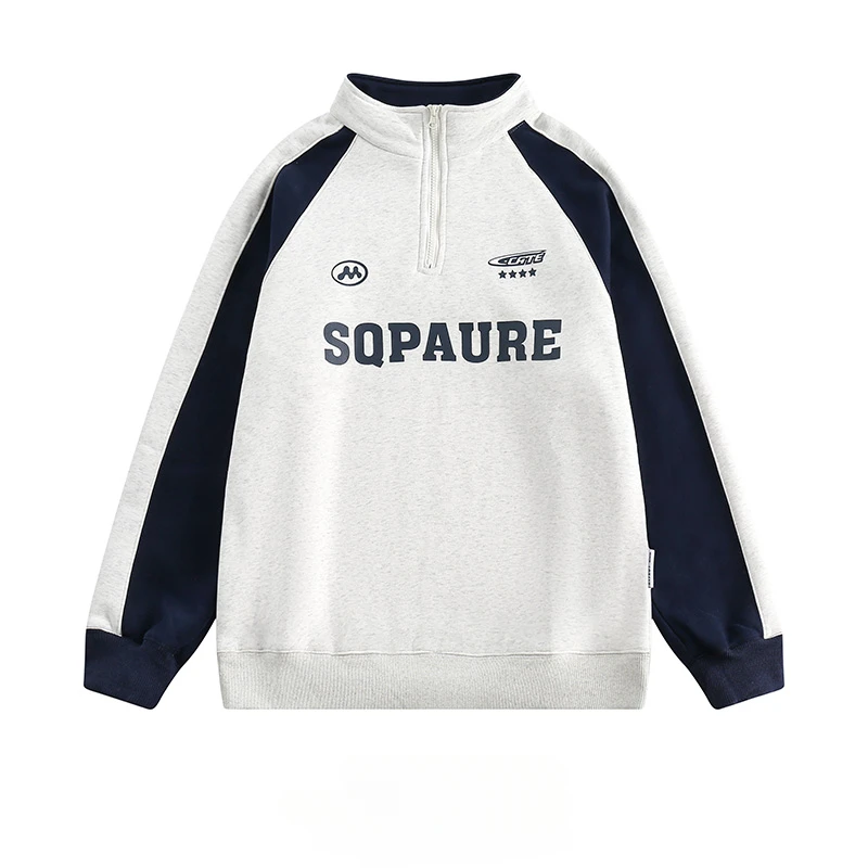 

American College Style Letter Printed Contrast Color Half-zip Sweatshirts Men's Stand Collar Plus Velvet Couple Casual Pullovers