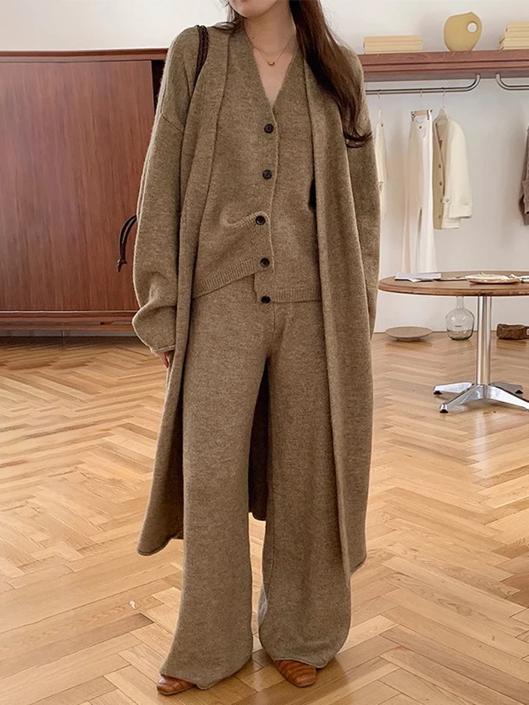 

Thick Knited 3 Piece Sets Elegant Women Long Sleeve Sweater Coat+Single Breasted Knit Vest+Trousers Autumn Winter New X648