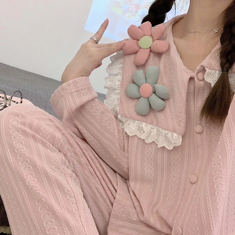 Spring pajamas women's jacquard knitted cotton long-sleeved cardigan girls' pajamas home wear Korean version solid color suit