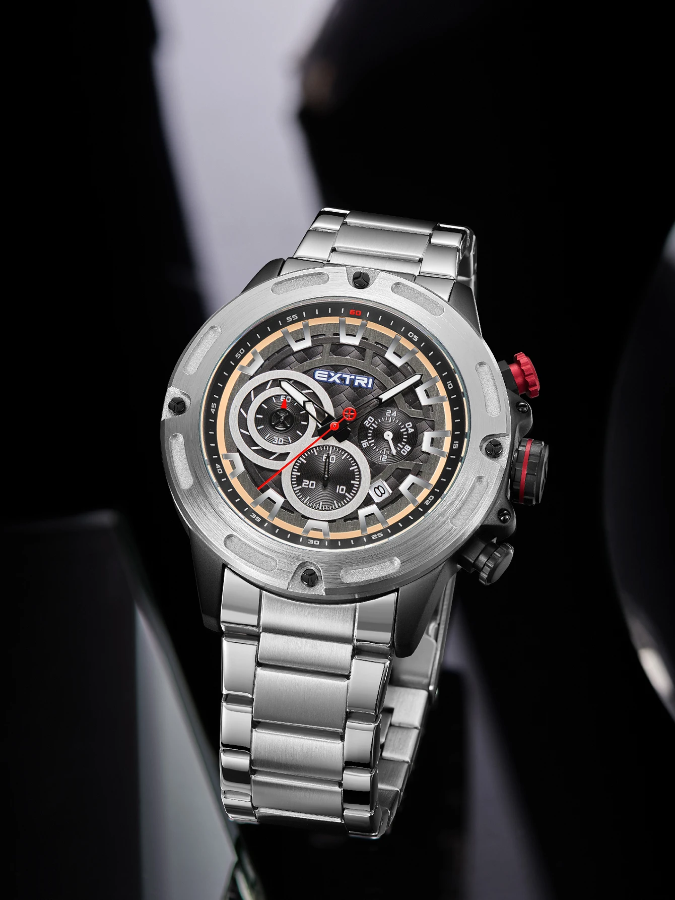 Extri Trendy Unique Blue Men Male Business High Quality Wrist Watches Stainless Steel Chronograph Watches