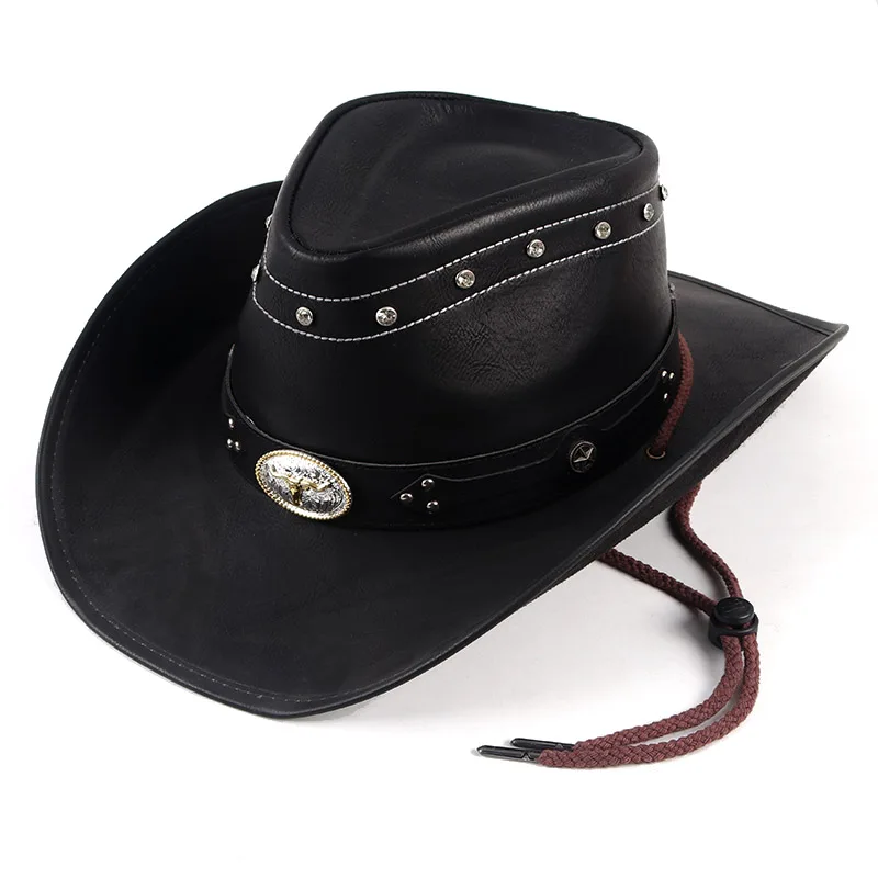 

High Quality Classics 2024 Crystal Retro Leather Cappello Cowboy Hat Men Women Sunhat Homme Chapeau Cowboy Western Vintage Cap