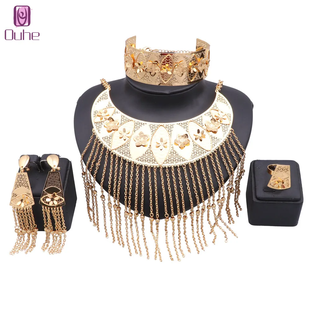 

Women Luxury Dubai Gold Color Tassels Necklace Earring Ring Bangle Wedding Accessories Decoration Jewelry Set
