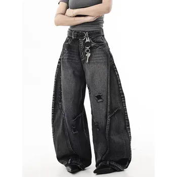 Y2K Black Graffiti Worn Out Womens Jeans High Waist Vintage Straight Baggy Denim Pants Street American Wide Leg Denim Trouser 1