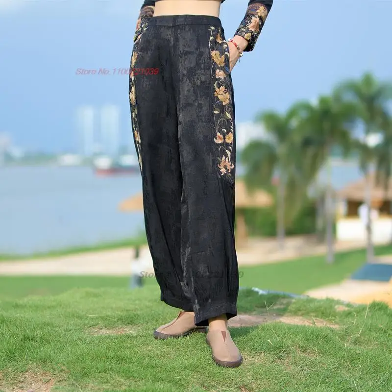 chinese vintage satin jacquard trousers national flower embroidery harajuku ethnic pants casual elastic waist harem pants