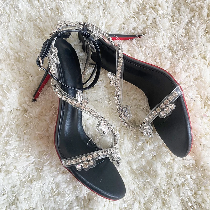 2023 New Sweet Crystal Chain Silver Color 12cm 10cm 8cm Thin High Heels Women Fashion Sandals Shoes