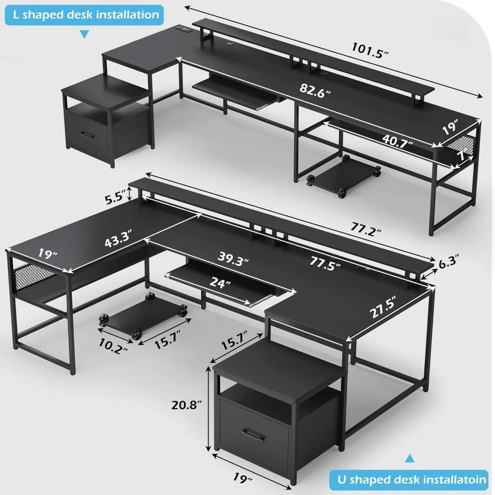 U Shaped Desk, Reversible L Shaped, Home Office, File Drawer, Power Outlet, 101.5" Computer Desk, Two Person, Monitor Shelf 2
