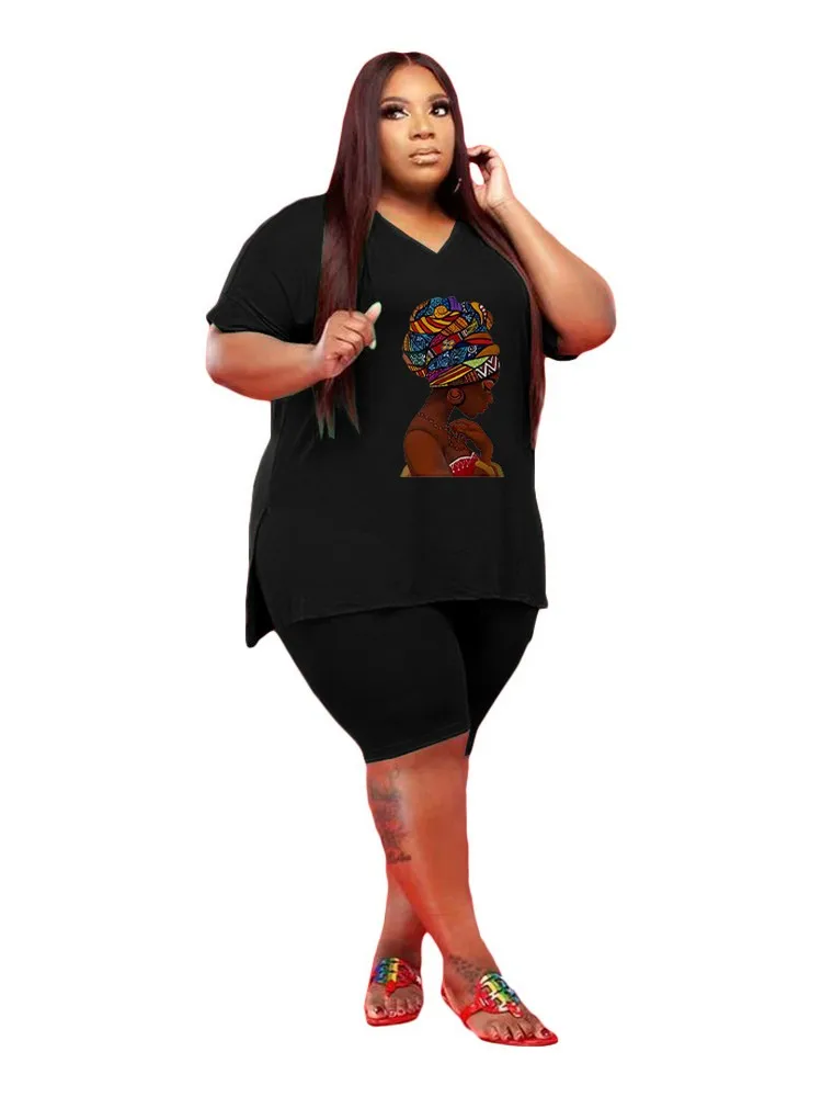 

ZJFZML ZZ Plus Size Women's Tracksuits Casual Character Pattern V Neck Short Sleeve T-shirts and Knee Length Shorts 2 Piece Set