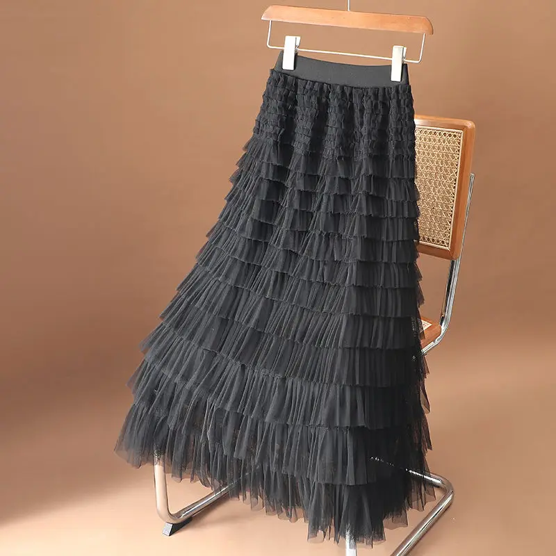 

High Waist Long Maxi Skirt Women's Autumn Winter Clothing 2023 New Super Fairy A- line Slimming Layer Cake Skrits Woman