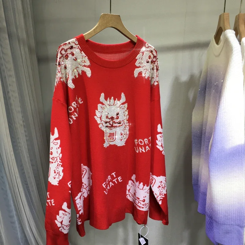 

New Year's Red Knitted Shirts for Women Autumn Winter Cartoon Dragon Hot Drilling O-neck Pullover Top Loose All-match Sweaters
