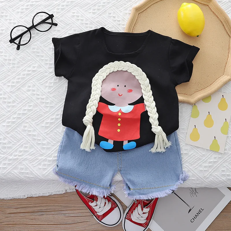 

2024 Summer Baby Girl Clothes 9 To 12 Months Outfit Korea Style Cartoon Printed Short Sleeve T-shirts and Shorts Children's Sets