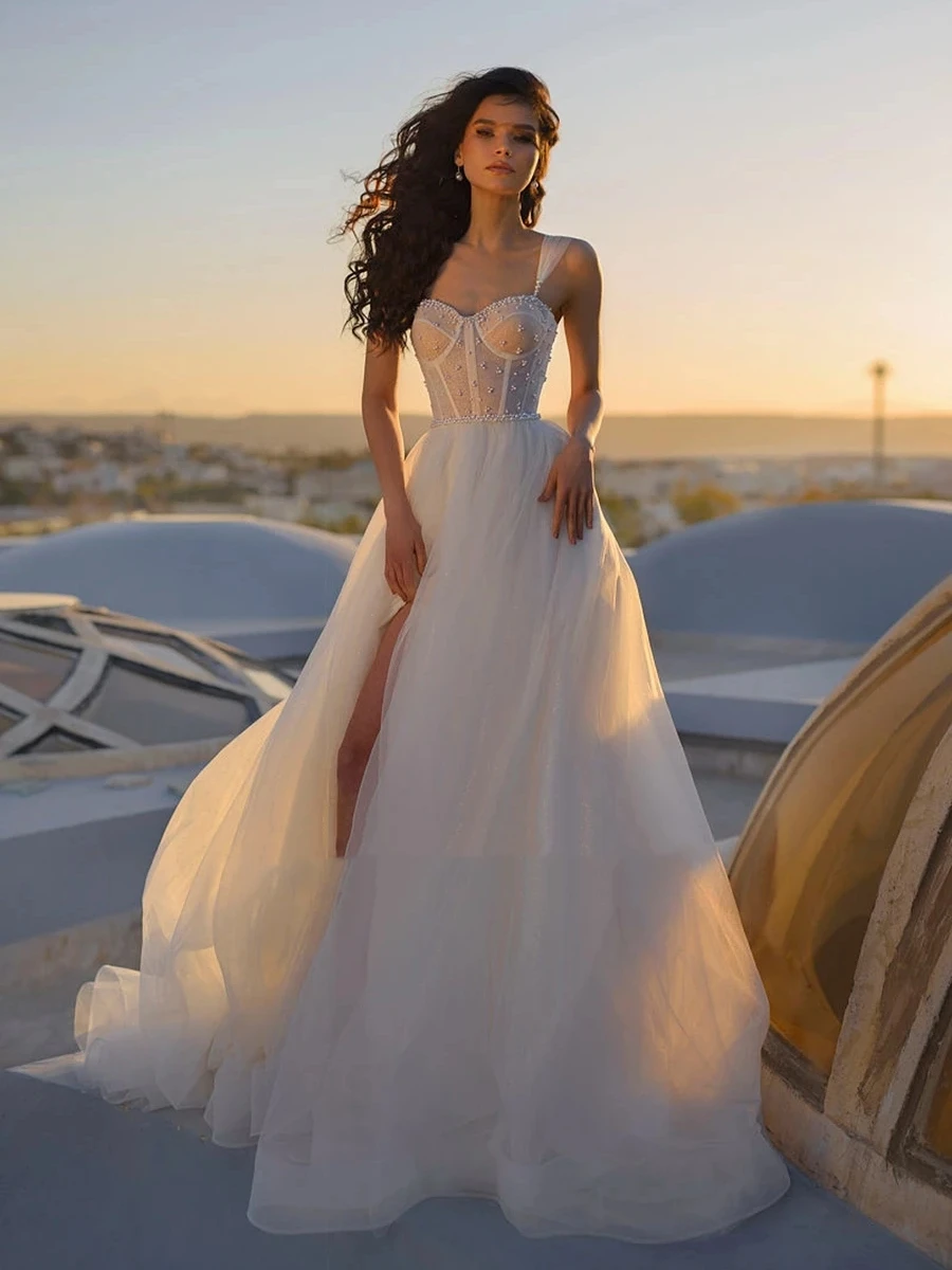 A-Line Tulle Wedding Dresses For Women Elegant Bridal Gowns Sleeveless Side Slit Sexy Robes For Formal Party Vestidos De Novia vintage wedding dresses graceful bridal gowns lace appliques a line sleeveless robes for formal party elegant vestidos de novia