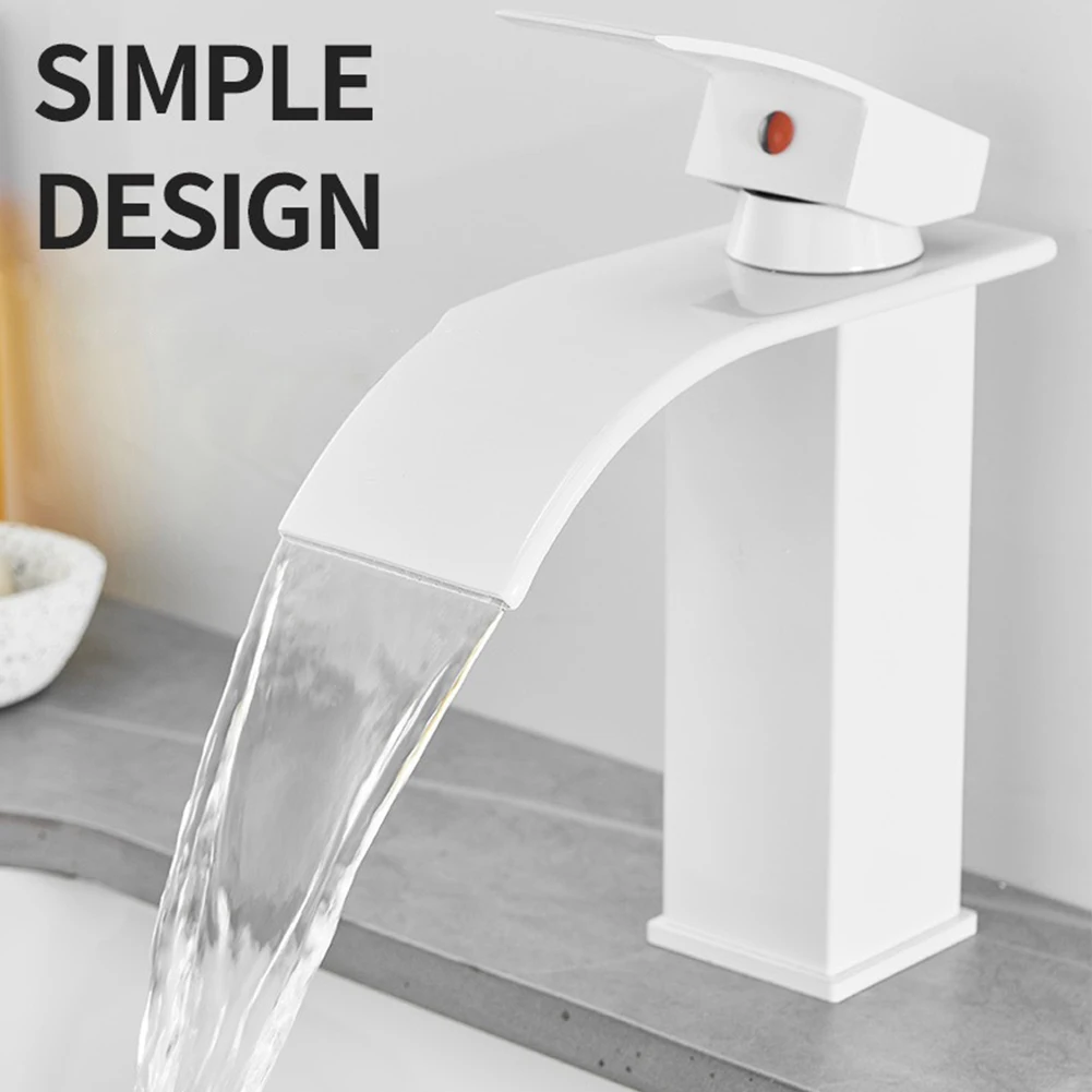 

Bathroom Basin Faucet Home Waterfall Deck Mounted Cold And Hot Water Mixer Tap White Simple Stainless Steel Brass Sink Tap