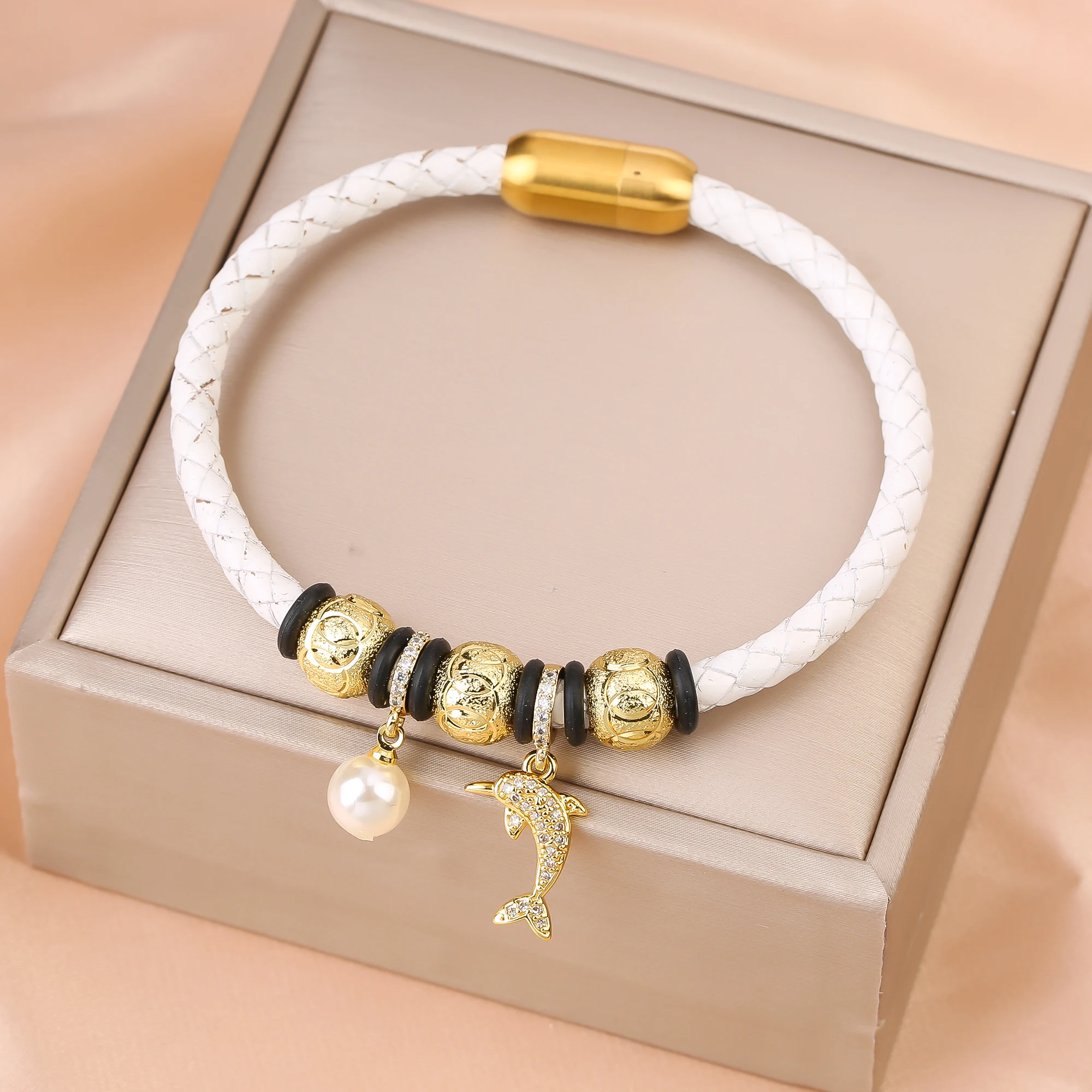 New Arrival Gold Plated Animal Dolphin Stainless Steel Leather Rope Chain Bracelet for Women Holiday Party Fashion Jewelry Gift - Image 2