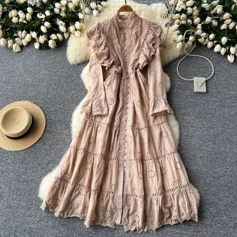 Retro Elegant Summer Ruffle Spliced Hollow Out Embroidery Dress A-line  Flare Long Sleeve French Vacation Women Vestidos Dresses - AliExpress  200000345